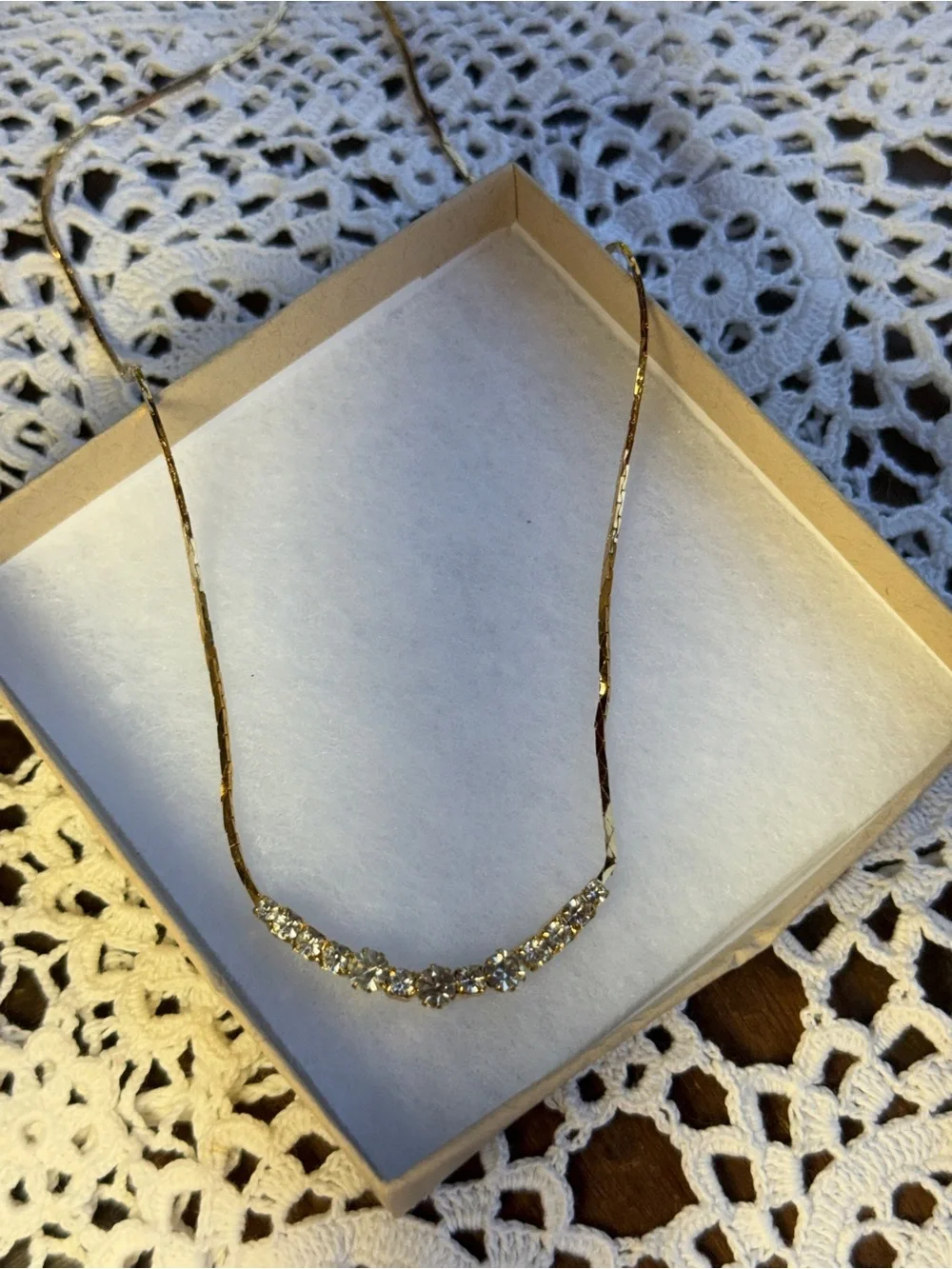 Gold Crystal Necklace curved bar- gold sparkling graduated‎ stones 16.5” CZ’s CZ